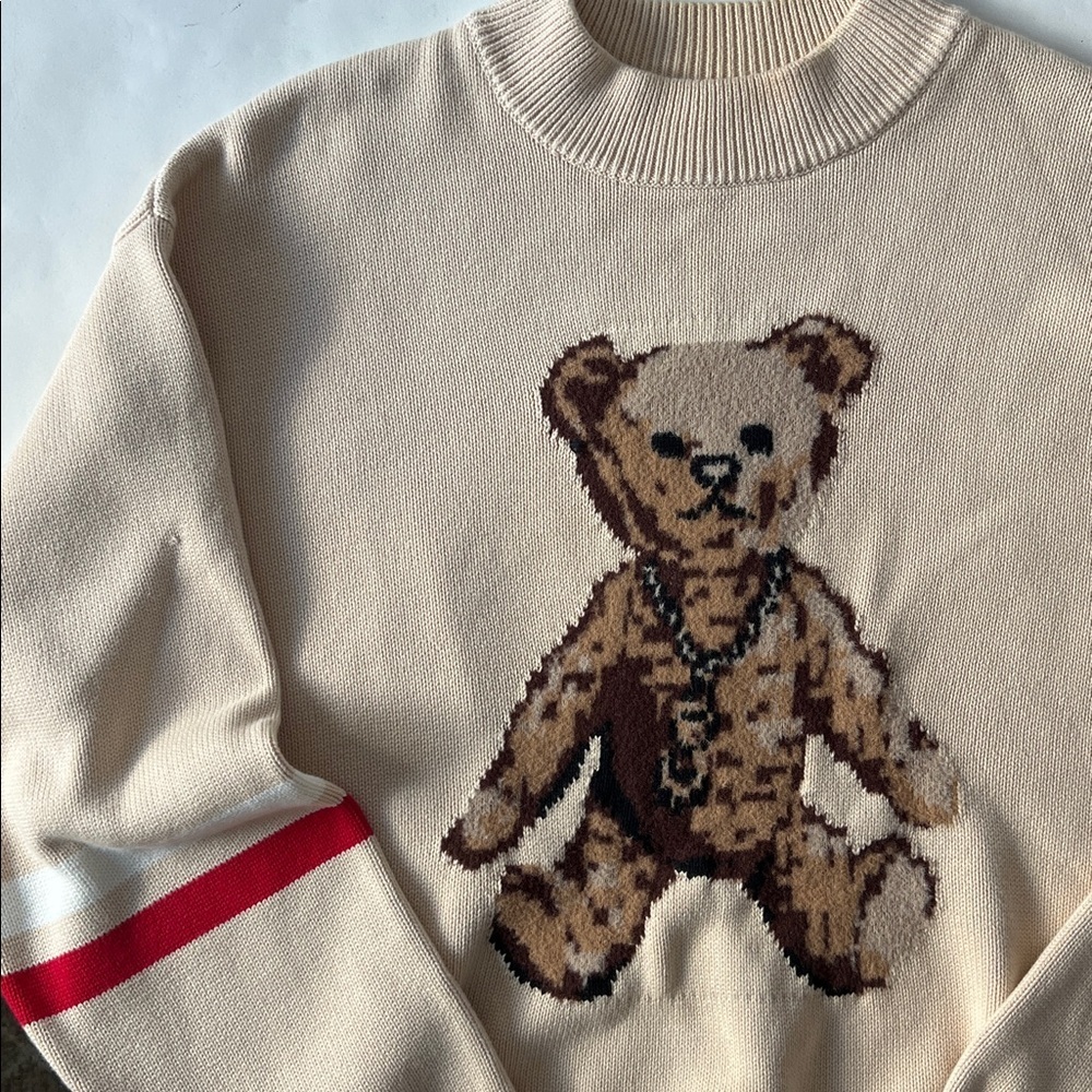 JOYRICH Teddy Bear Preppy Heavyweight Knit Beige Sweater Men's Large - Picture 4 of 11